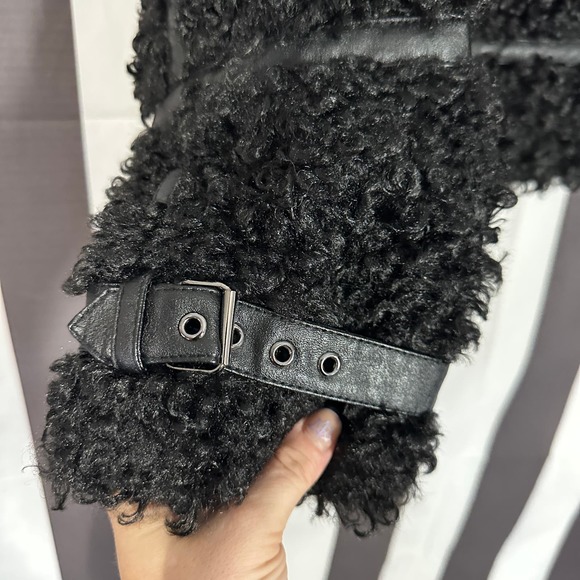 DH New York Palmer Teddy Bomber Jacket Leather Trim Full Zip Black Women's M - Picture 6 of 8